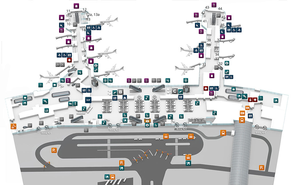 Схема терминала аэропорта Домодедово (1 этаж) (нажмите для увеличения)